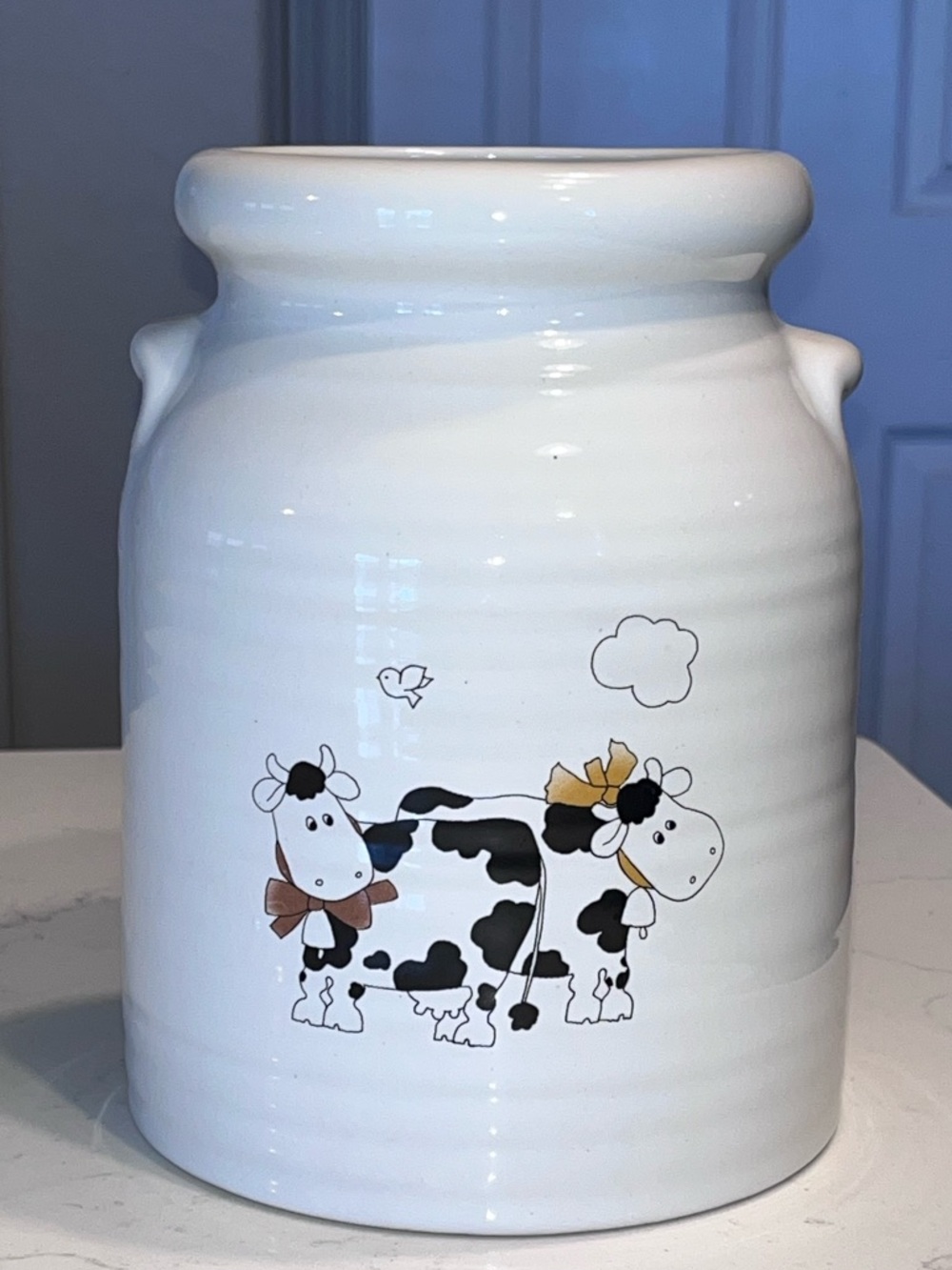 VTG Harris Pottery stoneware utensil caddy Farmhouse Cows Black & White Country
